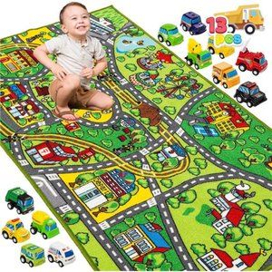Carpet Playmat w/ 12 Cars Pull-Back Vehicle Set for Kids Age 3+, Jumbo Play Room